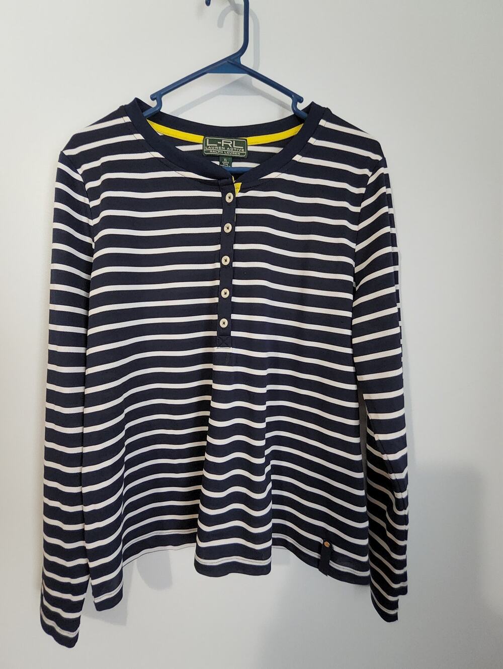 Lauren Active Ralph Lauren Polo Shirt Womens XL Navy White Stripe Yellow L-RL
